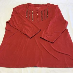 LAURA SCOTT PETITE RED LS EMBELLISHED BLOUSE SHIRT